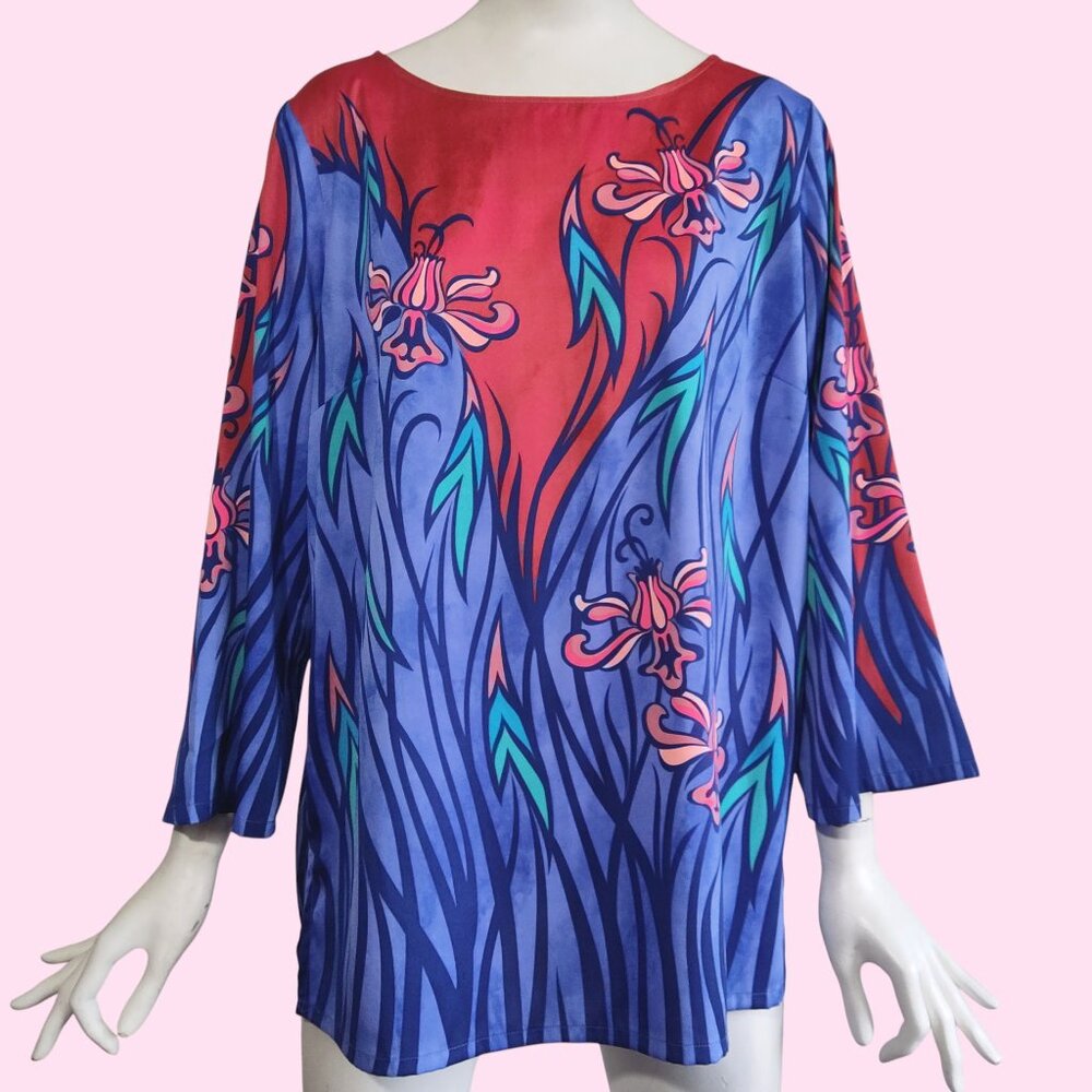 Bob Mackie Wearable Art Botanical Floral Fantasy Rust Periwinkle Tunic Top Sz M